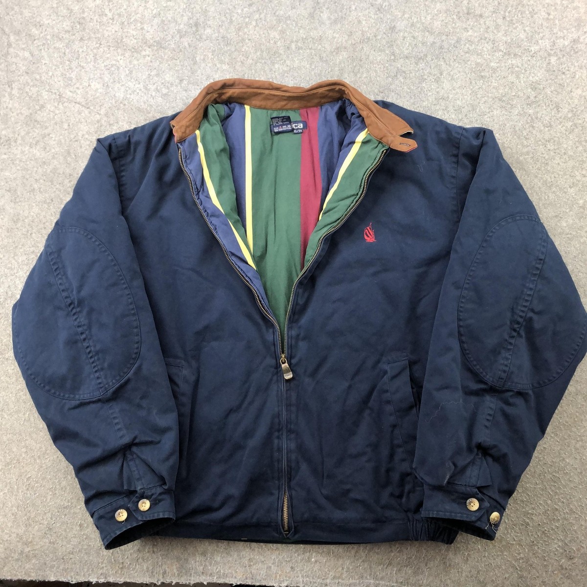 VINTAGE Nautica Jacket Mens XL Navy Leather Collar Bomber Striped