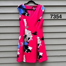 Vince Camuto Womens Pink Floral Fit and Flare Dress V-Neck Pockets Size 12