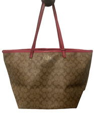 COACH City Signature Tote Gold/Brown Canvas Pink Leather Trim large size