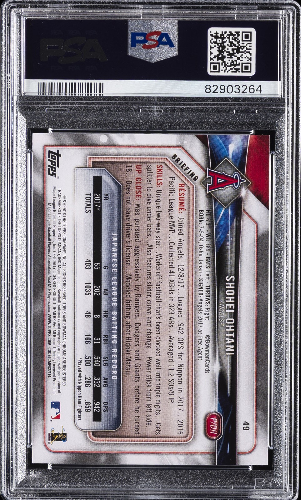 2018 BOWMAN #49 SHOHEI OHTANI ROOKIE RC PSA 7 view 2