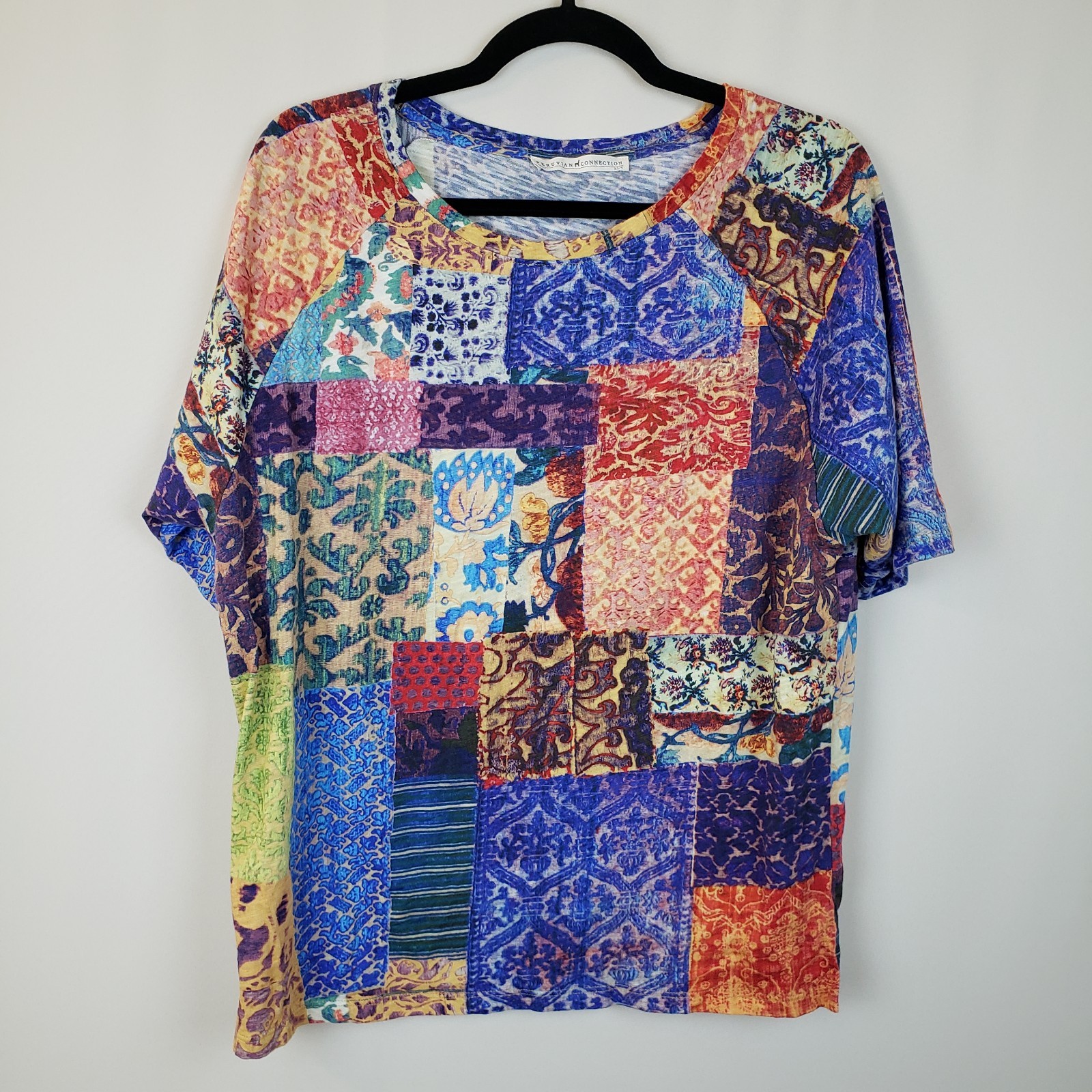 Peruvian Connection Top XS/S Patchwork Tee 100% C… - image 1