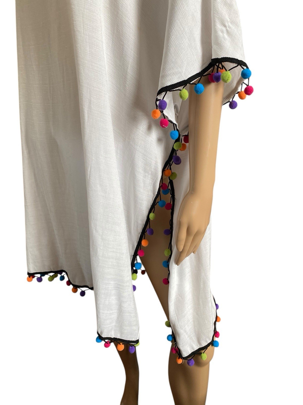 Shein White Swim Cover Up Multicolored Pom Pom Accents Size (L)+ Other Sizes