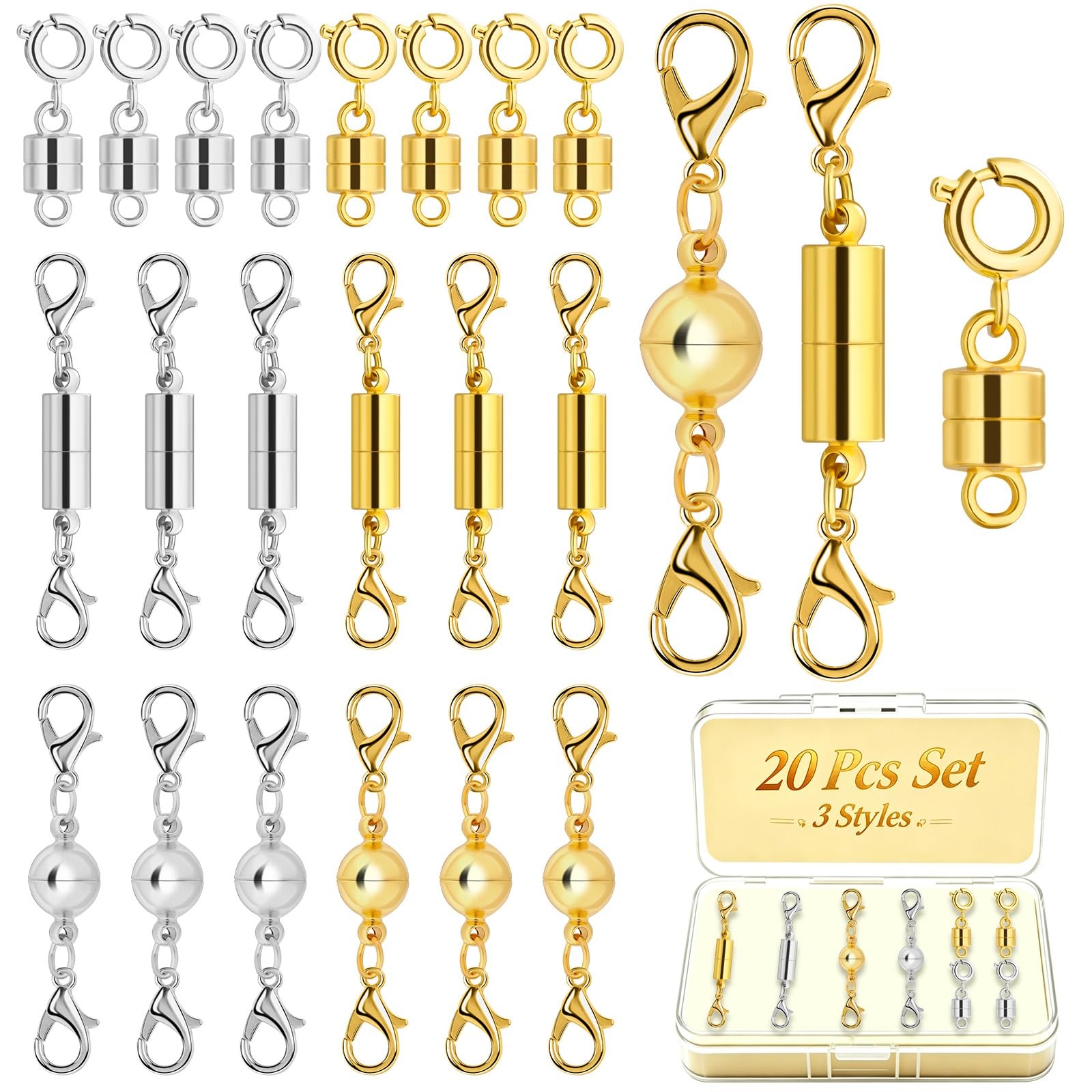 14K Gold and Silver Magnetic Necklace Clasps and Closures, 20 Pcs 3 Styles