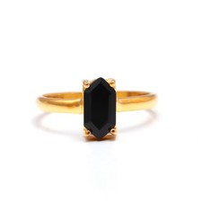 Natural Black Onyx Hexagon Shape Promise Ring 925 Sterling Silver Gold Jewelry