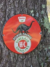 VINTAGE SINCLAIR OIL POWER PACKED PORCELAIN SIGN 12" 