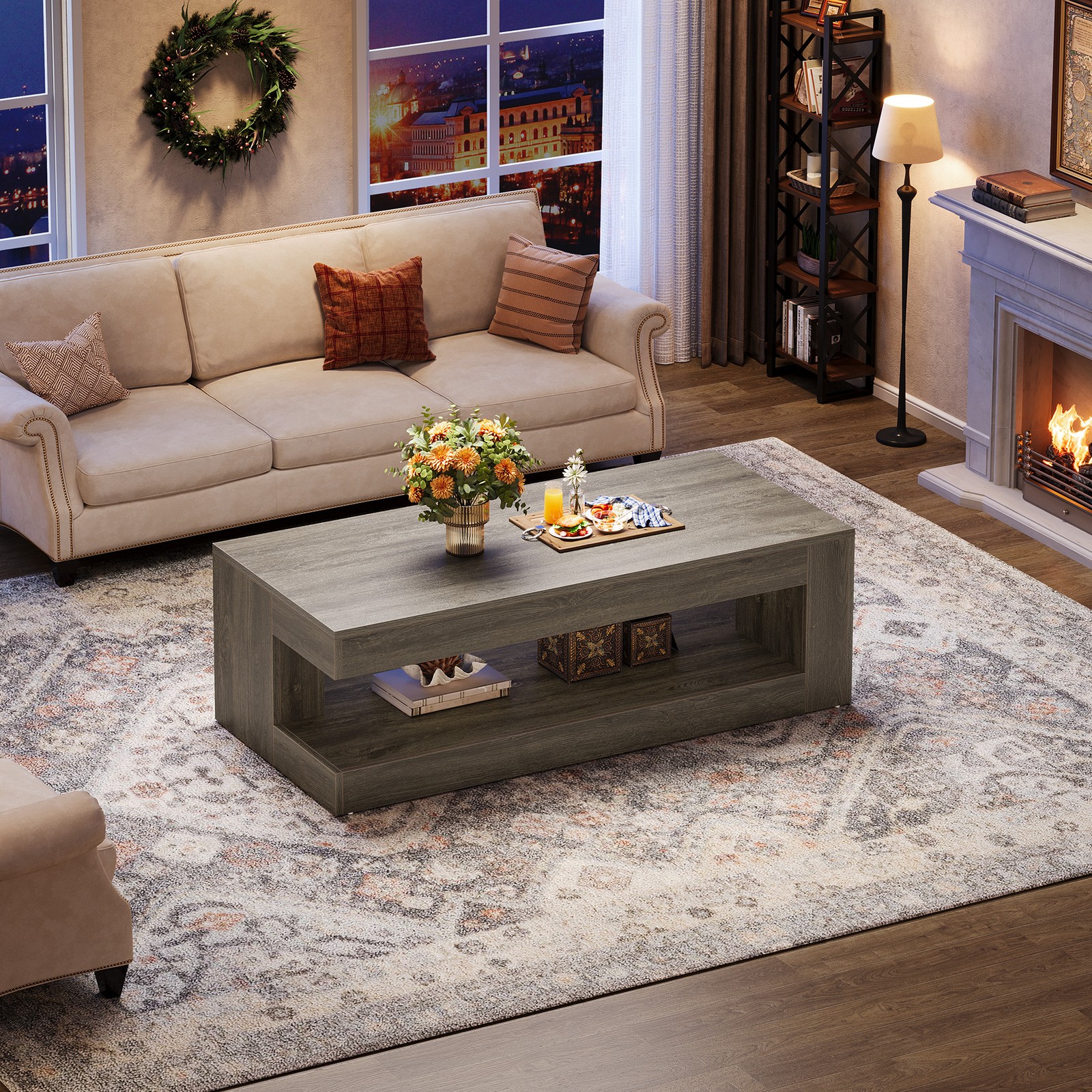 Rectangle Coffee Table, 47-Inch Center Cocktail Table w/ Storage for LivingRoom
