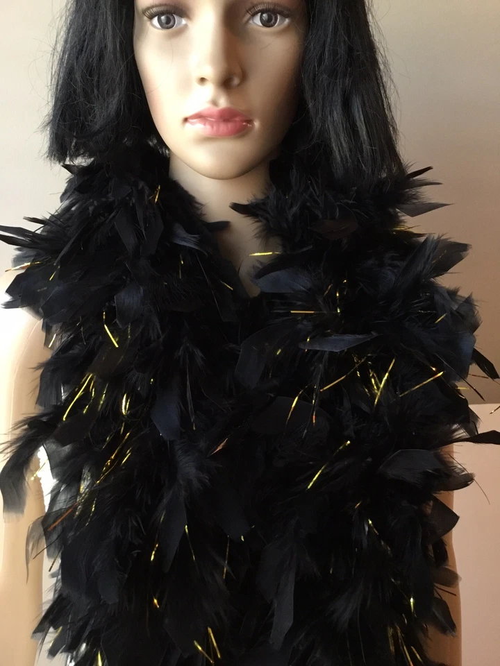 Vintage Real Feather Boa Black w Gold Tinsel Accent 75" Long Costume - Image 3 of 3