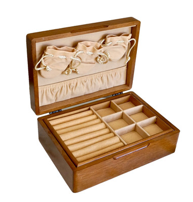 Vintage Wooden Hinged Jewelry Box with 2 Tiers & Storage Pouches 10.5'' x 7.5''