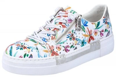 Rieker Damen Sneaker Weiß Bunt geblümt Schuhe perforiert N4940-90