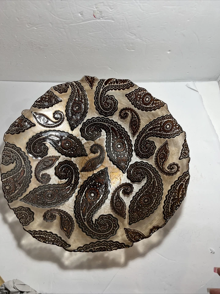 Plato de vidrio grande cobre estampado cachemira pieza central decorativa 15 pulgadas cuenco Foto 2 de 4