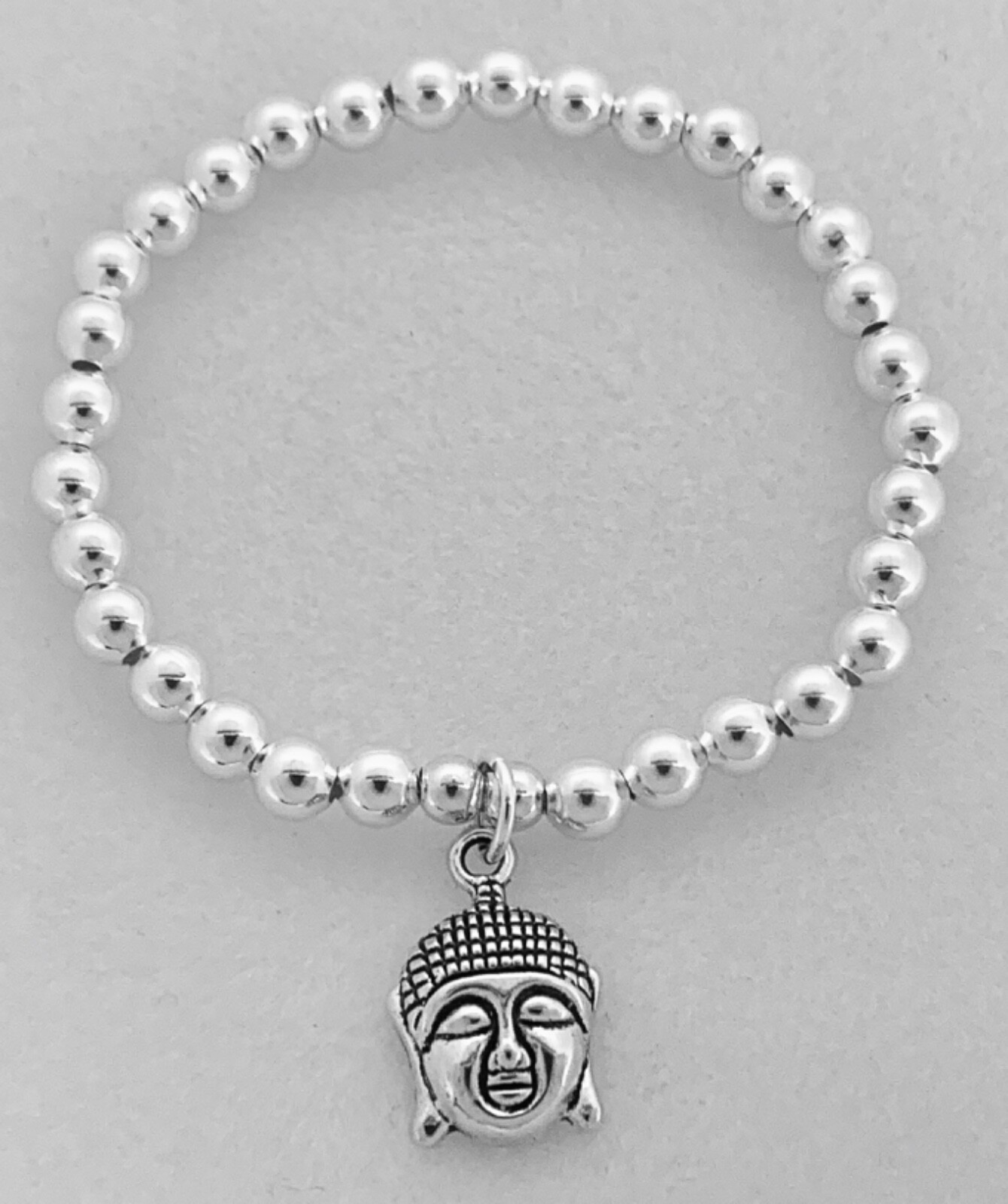 Silver Plated 5mm Bead Stacking Bracelet Buddha Head Spiritual Yoga
