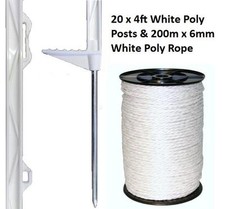 20 X WHITE 4FT POSTS & 6MM POLY ROPE Electric Fence Fencing Horse Paddock Horse