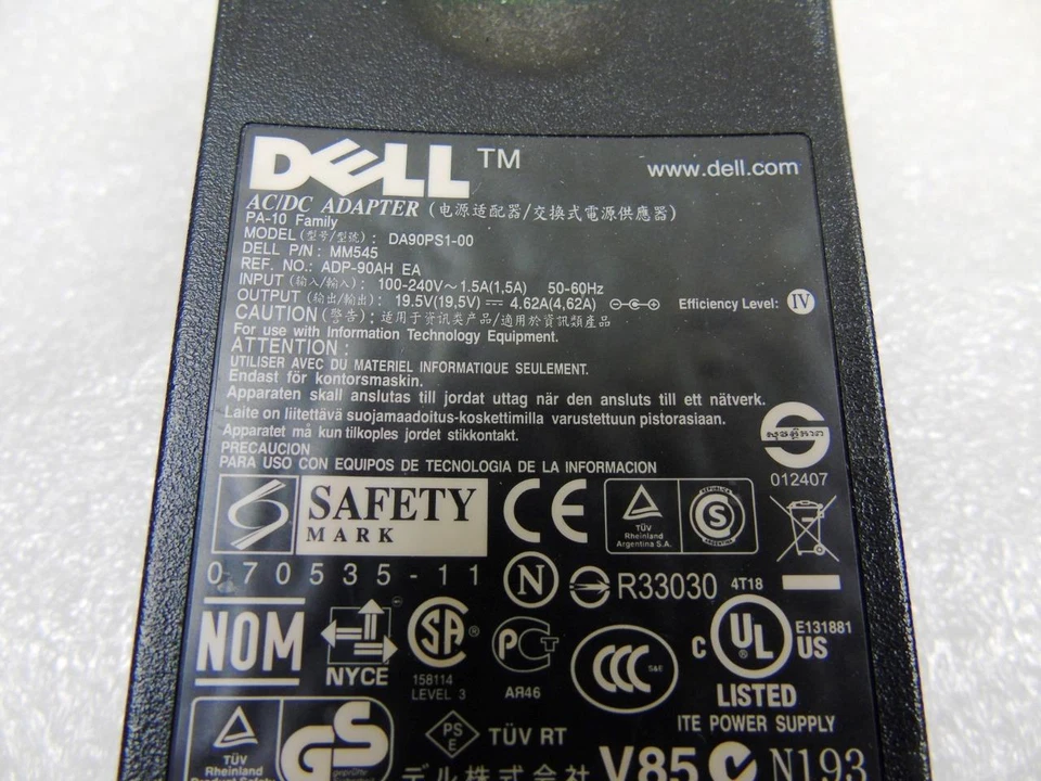 Adaptador de CA original Dell 90W PA-10 Inspiron N5010 N7010 - 0MM545 MM545 (sin cable) Foto 3 de 4