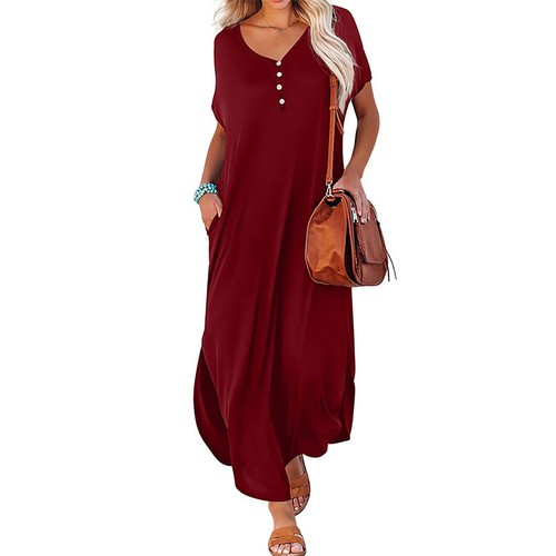 Women's Fashion Button V Neck Long Dress Short Sleeve Split Loose Ankle Dress - Picture 17 of 18