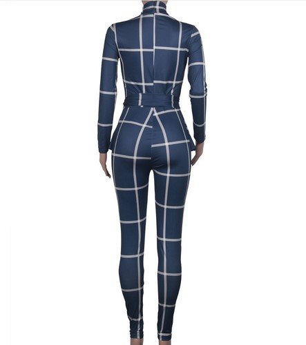 NEW Women Ruffles Waist Turtleneck Long Sleeve Plaid Print Body con Jumpsuit R - Picture 12 of 12