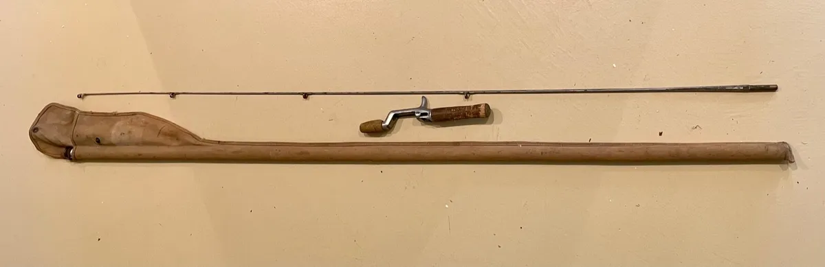 Vintage, Antique, 4' 9 True Temper, Steel, Bait Cast Fishing Rod & Case.