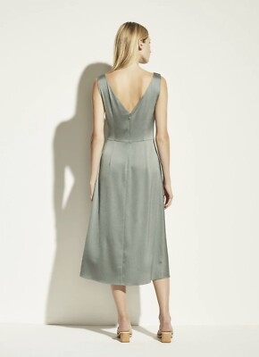 vince ruched sleeveless dress NWT Vince Ruched Double V-Neck Sleeveless Satin Midi Dress Patina Sz XXS