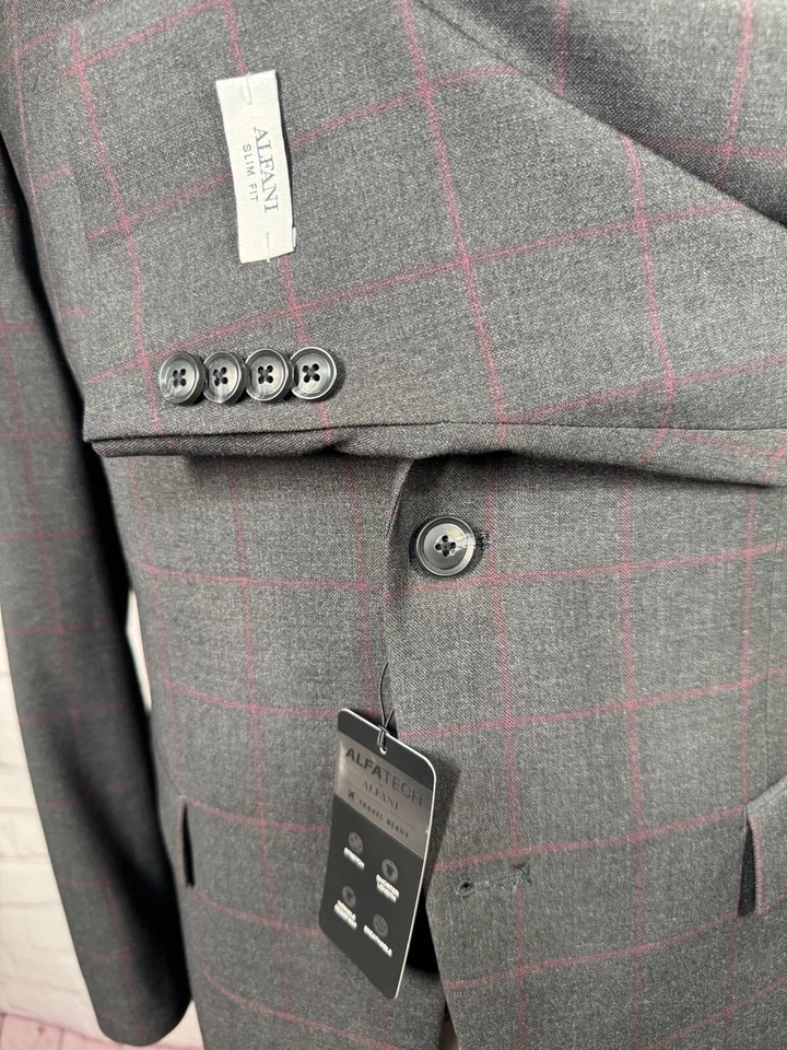NUEVO ALFANI Hombres Gris CALCE CEÑIDO ELÁSTICO Ventana Abrigo Deportivo Blazer Chaqueta 40S Foto 4 de 4
