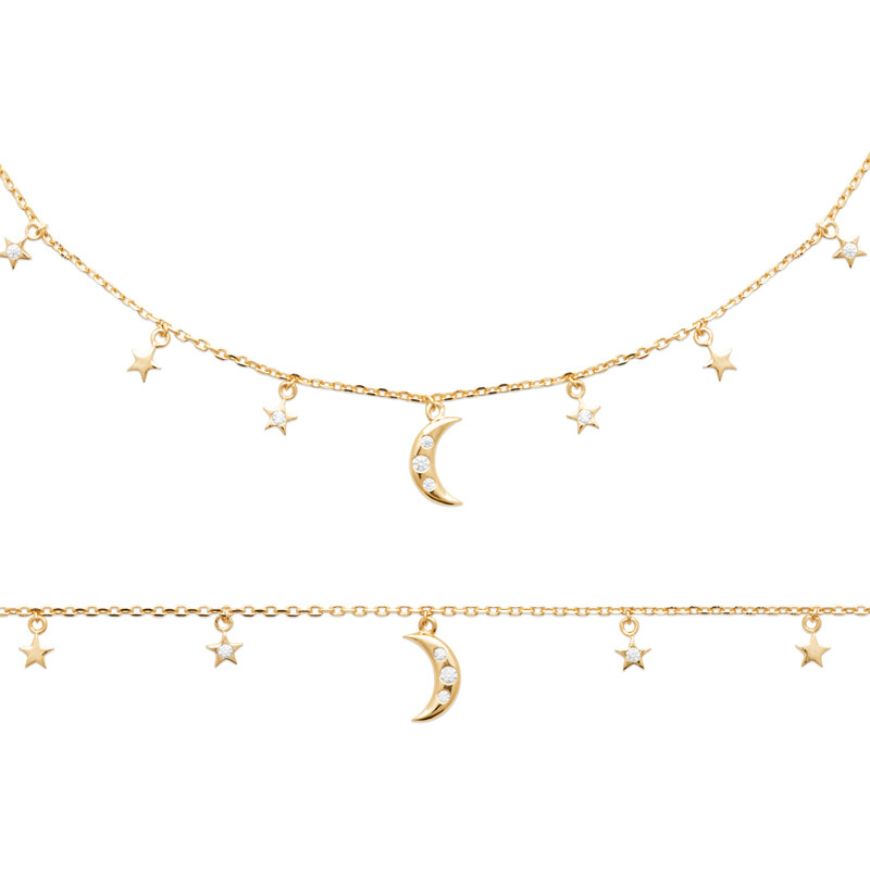 Collier Croissant de Lune et Étoile en Plaqué Or 18 Carats Doré