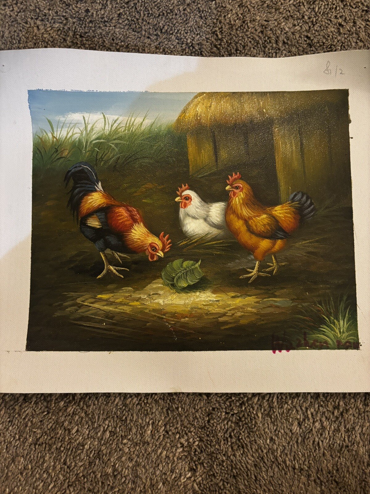 Chickens Bird Real Oil Painting On Canvas Background 9”x11”