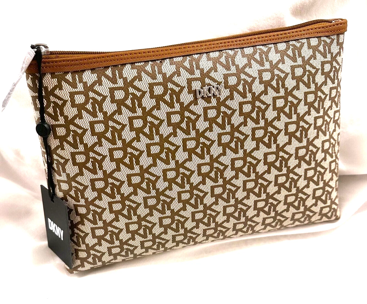 DKNY Brown Beige Cosmetic Large Makeup Pouch Travel Bag LOGO Top Zip 11