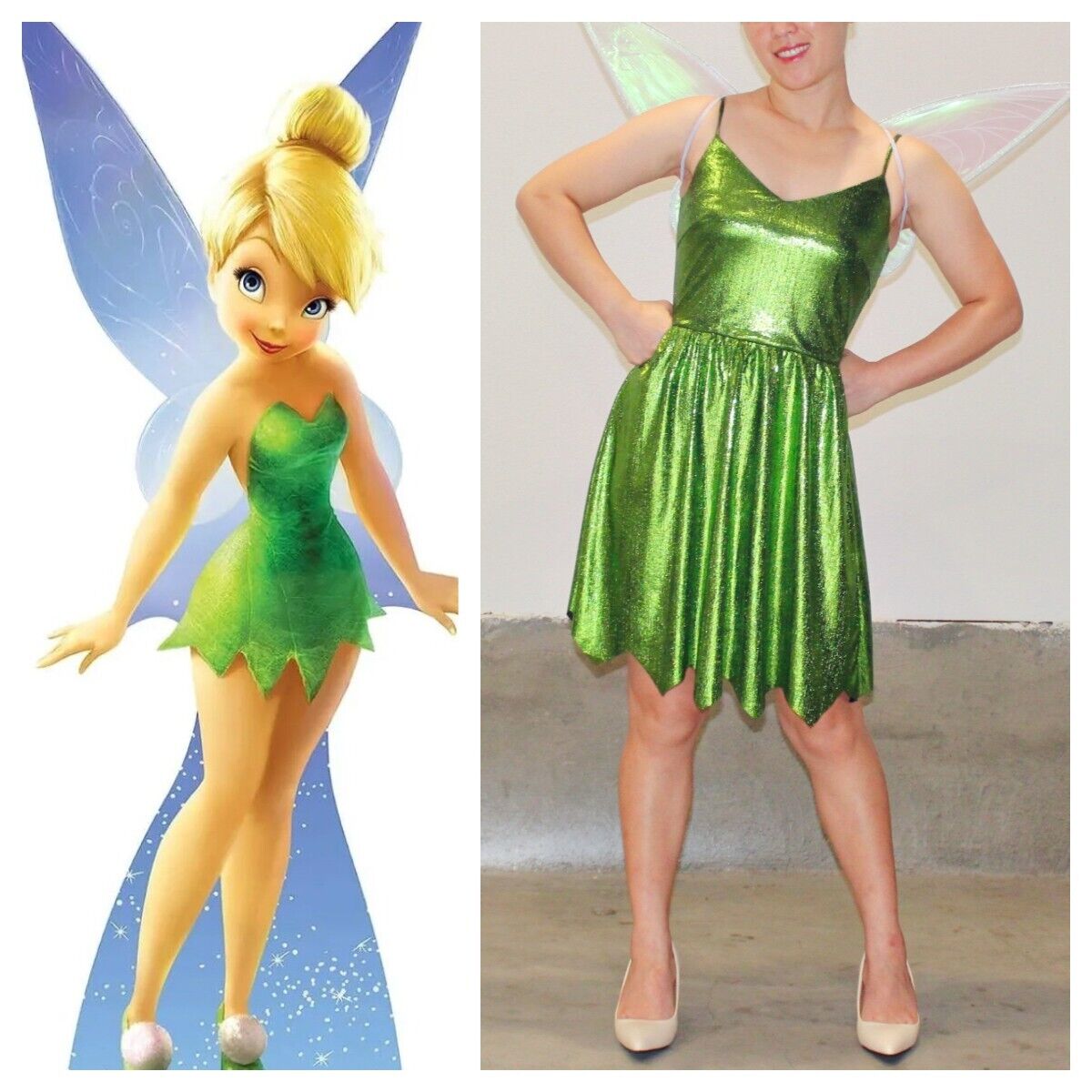 Adult Disney Tinkerbell fairy costume green glitter fancy zip back cami dress