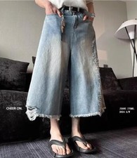 Men's Light Blue Denim Jeans Tassels Ripped Wide Leg Loose Fit Punk Shorts New