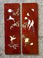 Vintage 26"x8" Asian Brass Inlay Birds Lacquer Wood Wall Hanging Plaque 2 Panels