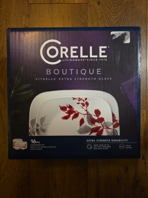 New Corelle Kyoto Leaves 16-Piece Square Glass Dinnerware Set 114722