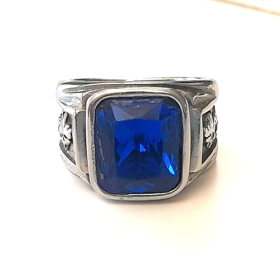 Anillo banda cómoda para hombre facetado simulado piedra azul acero inoxidable talla 7 Foto 3 de 4