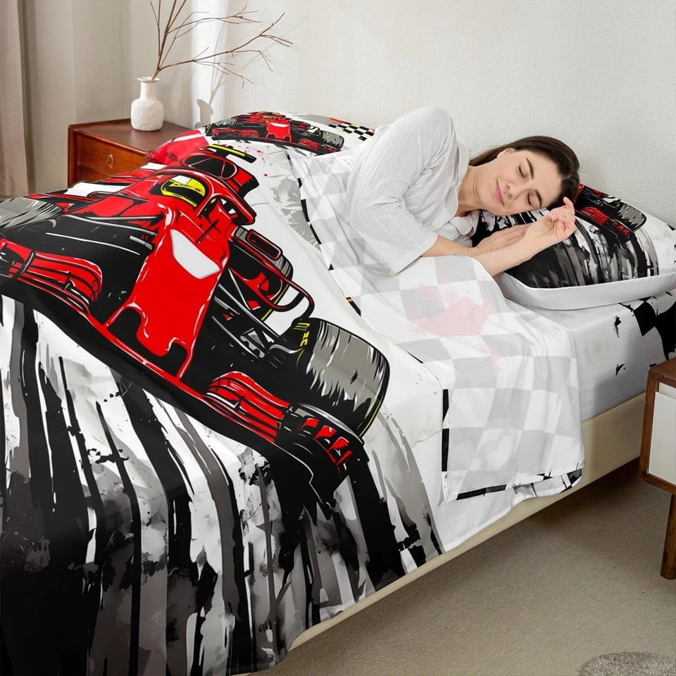 Formula Race Car Sheet Queen Size Racing Checkered Flag Bedding Set Speed Ext... - Image 2 of 4