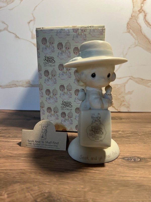 1985 Precious Moments Seek And Ye Shall Find E-0005 Girl with Shoping Bag w/ Box
