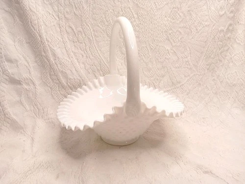 Vintage Large Fenton White Milk Glass Hobnail  Basket Ruffled Rim- Easter Basket