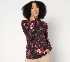 Susan Graver Printed Brushed Liquid Knit Mock-Neck Long Puff Sleeve Top Plum/Bur