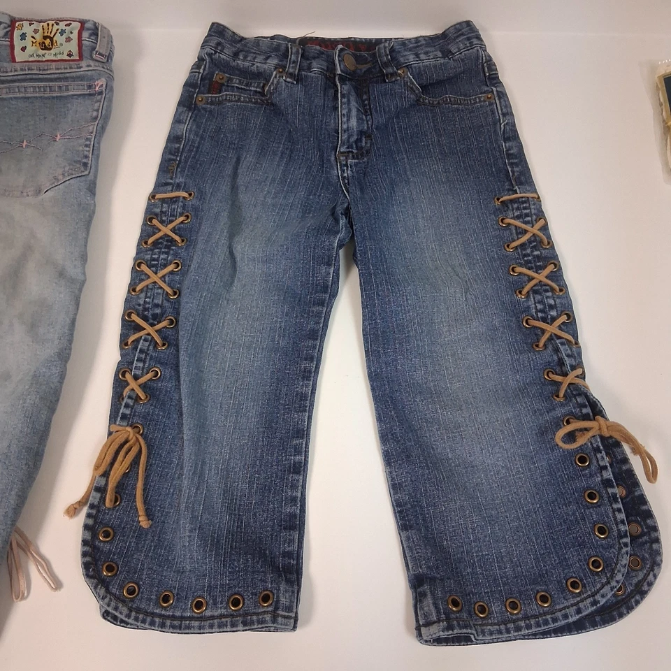 Jeans capri com cadarço Y2K Mudd feminino tamanho 7 cintura baixa bainha com ilhó anos 2000 jeans vintage - Imagem 2 de 4