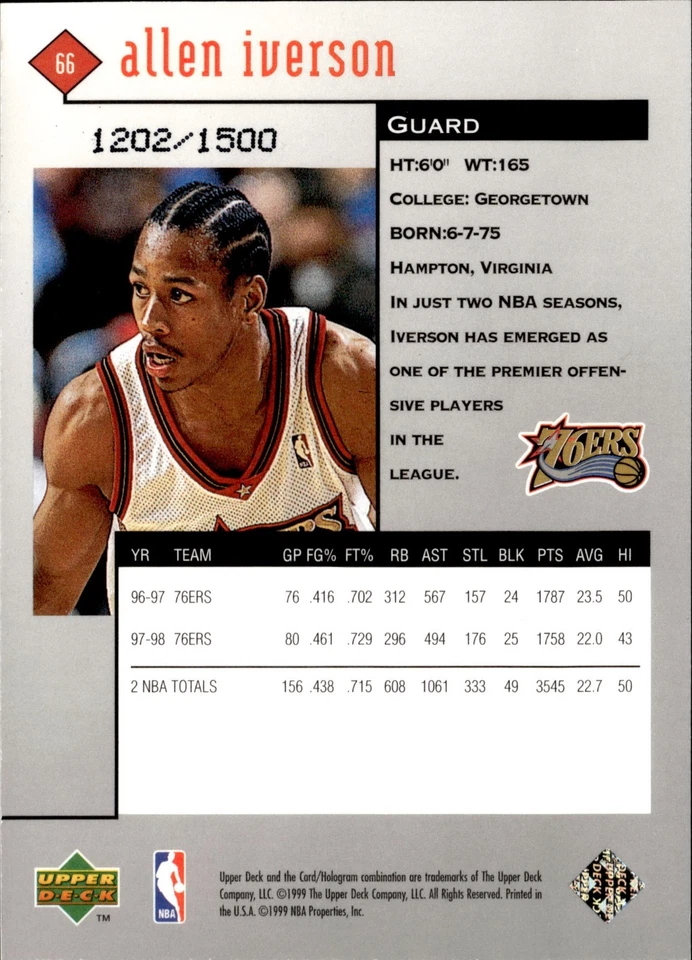 Allen Iverson 1998-99 Upper Deck Black Diamond Triple Diamond /1500 #66 - Image 2 of 2