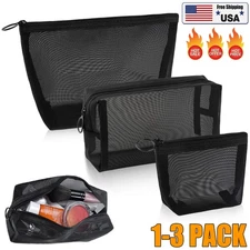 3x Mesh Cosmetic Bag Set, Travel/On-The-Go Makeup Storage, Zipper Closure Pouch
