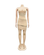 Women’s Beige Rhinestone Mesh V-Neck Adjustable Strap Bodycon Mini Dress