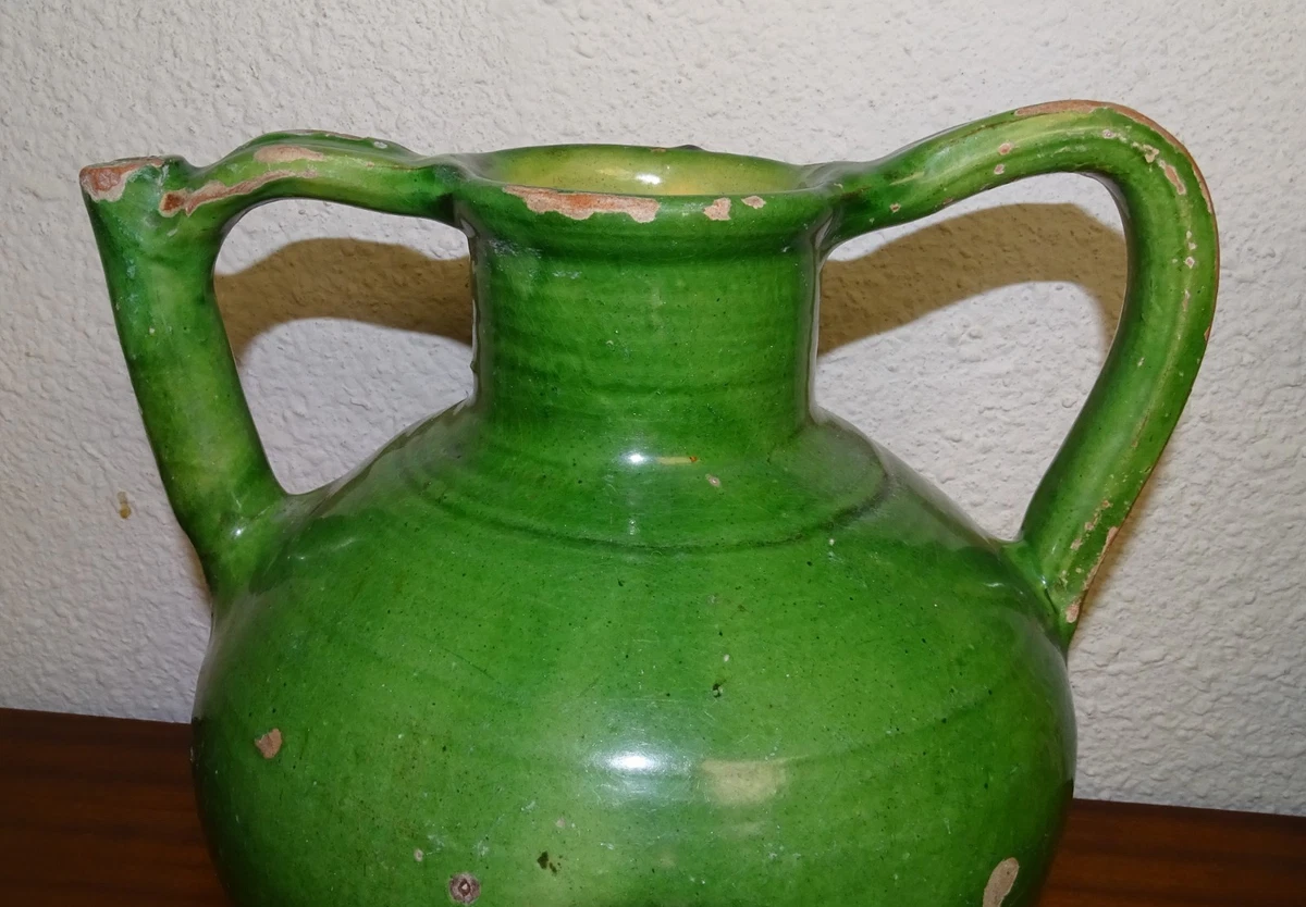 Grand Saladier Ancien En Terre Cuite Cannelée - Vert - Art Populaire 19ème