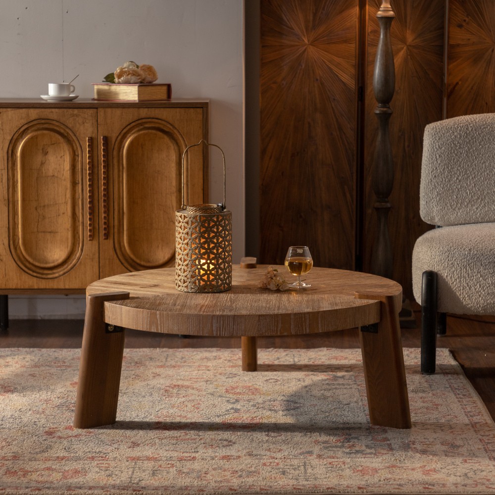 Round Herringbone Coffee Table Solid Wood MDF Rustic Coffee Table