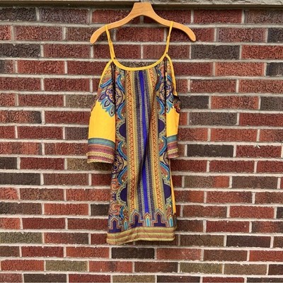 SHEIN Yellow and Purple Paisley Cold Shoulder Spaghetti Strap Bell Sleeve Dress