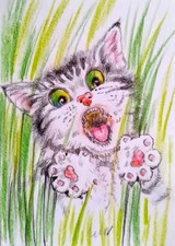 ACEO cat watercolor  by the author original 3,5"х2,5" 9x6cm not print