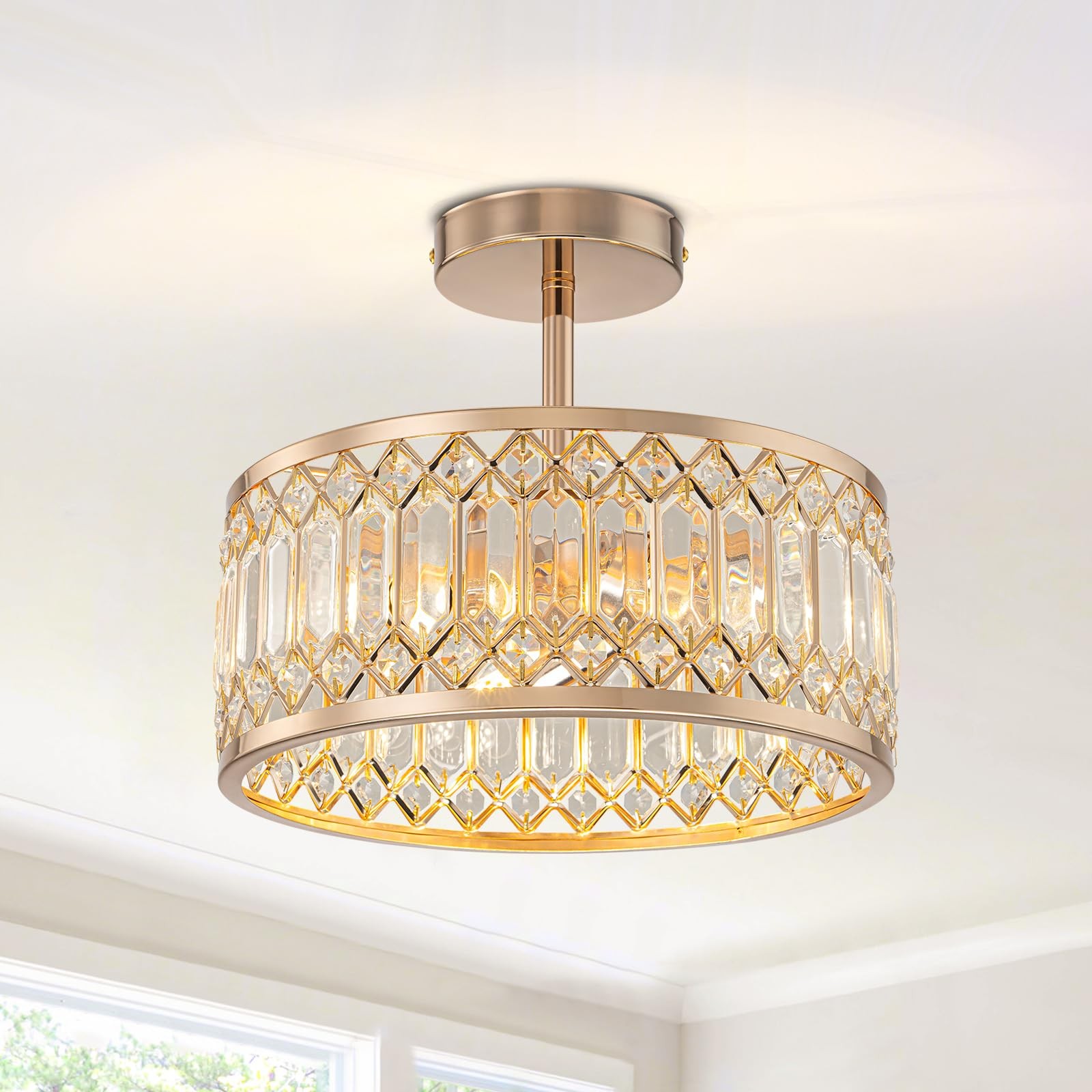 12 Inch Crystal Chandelier Gold Ceiling Light Modern Semi Flush Mount Ceiling...