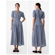 Gap x DOEN Gingham Maxi Dress Navy Blue White Puff Sleeve Button Front Tiered XL