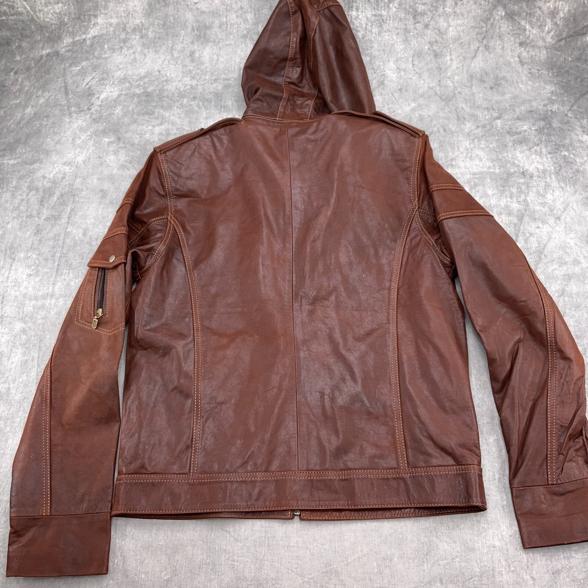 Chabi Jacket Men 42 Rust Brown Leather Hood Lined Full Zip Chabi Jacket Men 42 Rust Brown Leather Hood Lined Full Zip