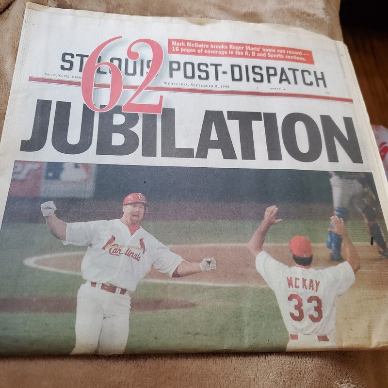 1998 ST LOUIS POST Dispatch MARK McGWIRE #62 JUBILATION 9/9/98  ROGER MARIS #61 