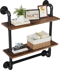 24" Industrial Floating Shelves with Tower Bar, Pipe Shelves for Wall, 2 Tier Ru