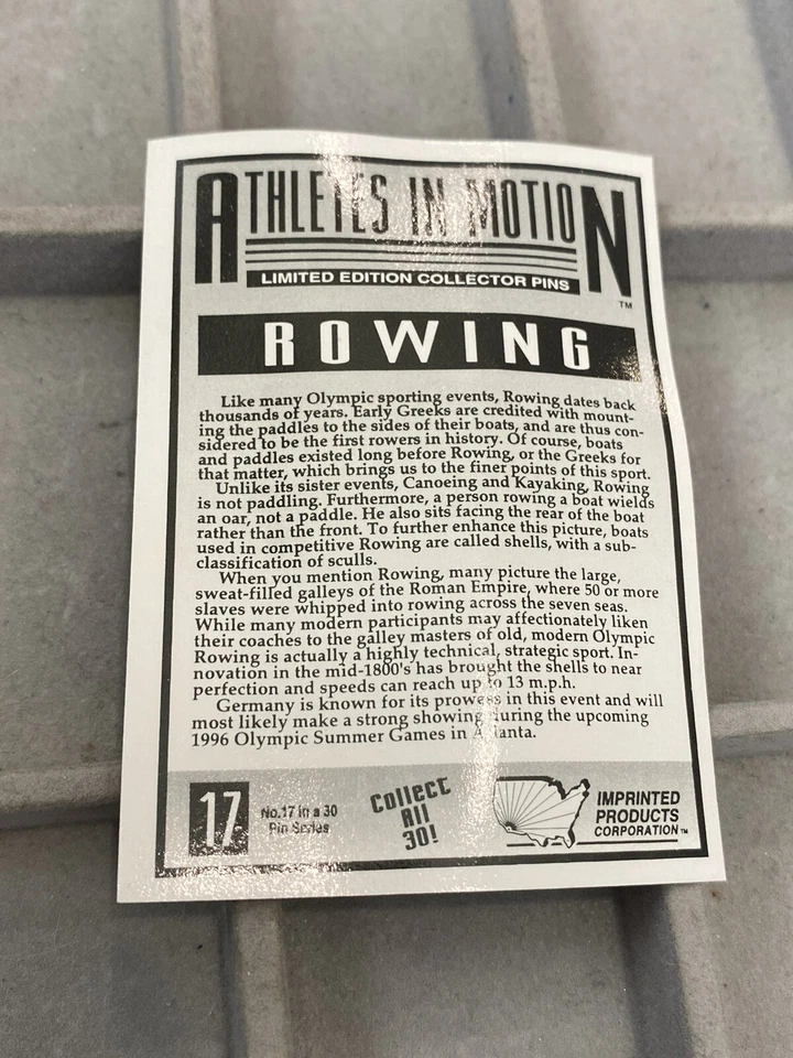 Olympic Rowing Pin Atlanta 1996 with collector card - Image 4 of 4