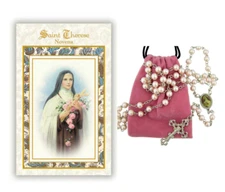 St. Therese of Lisieux Little Flower Pink Pearl Rosary Pouch & Novena Dev Book