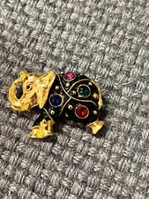 Vintage Elephant Brooch Pin Black Enamel Rhinestones Gold Tone Trunk Up 2